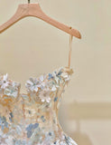 Champagne A-Line Spaghetti Straps Tulle Applique Long Prom Dress Sweet Wedding Dress HZ1024