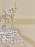 Champagne A-Line Spaghetti Straps Tulle Applique Long Prom Dress Sweet Wedding Dress HZ1024