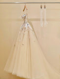 Champagne A-Line Spaghetti Straps Tulle Applique Long Prom Dress Sweet Wedding Dress HZ1024