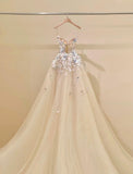 Champagne A-Line Spaghetti Straps Tulle Applique Long Prom Dress Sweet Wedding Dress HZ1024