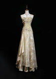 A-Line Spaghetti Strap Satin Lace Long Prom Dress with Beaded Appliques HZ1024