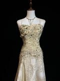 A-Line Spaghetti Strap Satin Lace Long Prom Dress with Beaded Appliques HZ1024