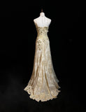 A-Line Spaghetti Strap Satin Lace Long Prom Dress with Beaded Appliques HZ1024