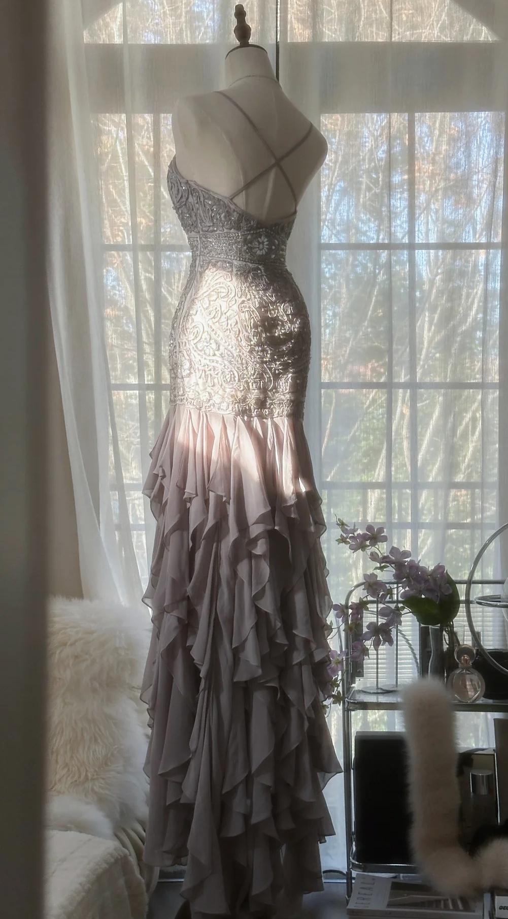 Purple Spaghetti Strap Appliques Bodycon Open Back Evening Dresses Chiffon Sequin Long Prom Dresses HZ1024