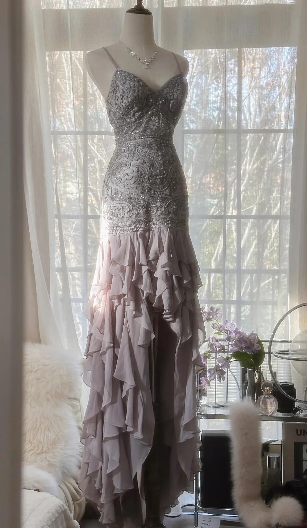 Purple Spaghetti Strap Appliques Bodycon Open Back Evening Dresses Chiffon Sequin Long Prom Dresses HZ1024
