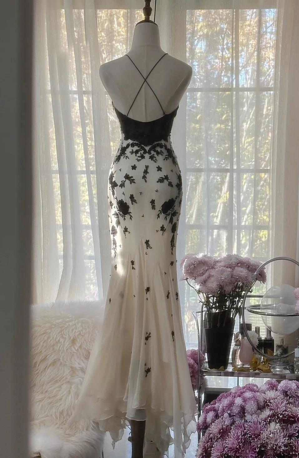 Spaghetti Strap Chiffon Applique Long Prom Dresses Temperament Party Dresses HZ1024