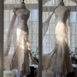 Fairytale Pink Spaghetti Straps Mermaid Evening Gowns Vintage Elegant Beaded Silk Long Prom Dress Guest Dresses HZ1024