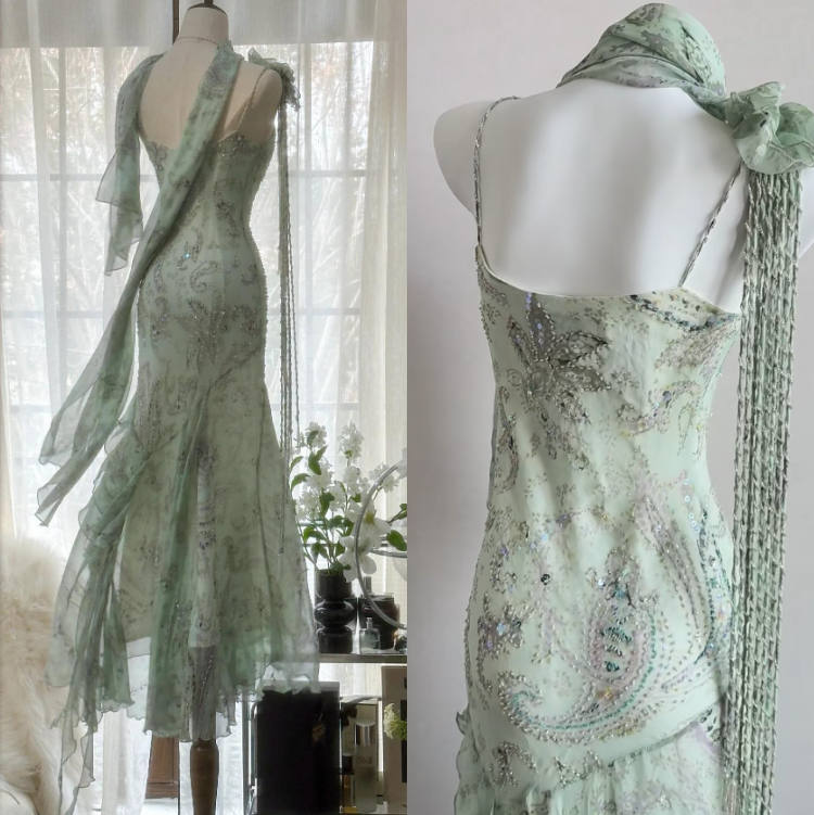 Fairytale Pink Spaghetti Straps Mermaid Evening Gowns Vintage Elegant Beaded Silk Long Prom Dress Guest Dresses HZ1024