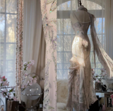 Fairytale Pink Spaghetti Straps Mermaid Evening Gowns Vintage Elegant Beaded Silk Long Prom Dress Guest Dresses HZ1024