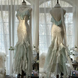Vintage Mint Green Chiffon Mermaid Beaded Long Prom Dresses Ruffled Fairytale Birthday Dresses HZ1024