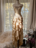 ??Elegant Strapless Chiffon Applique Long Tiered Prom Dresses Backless Party Dresses HZ1024