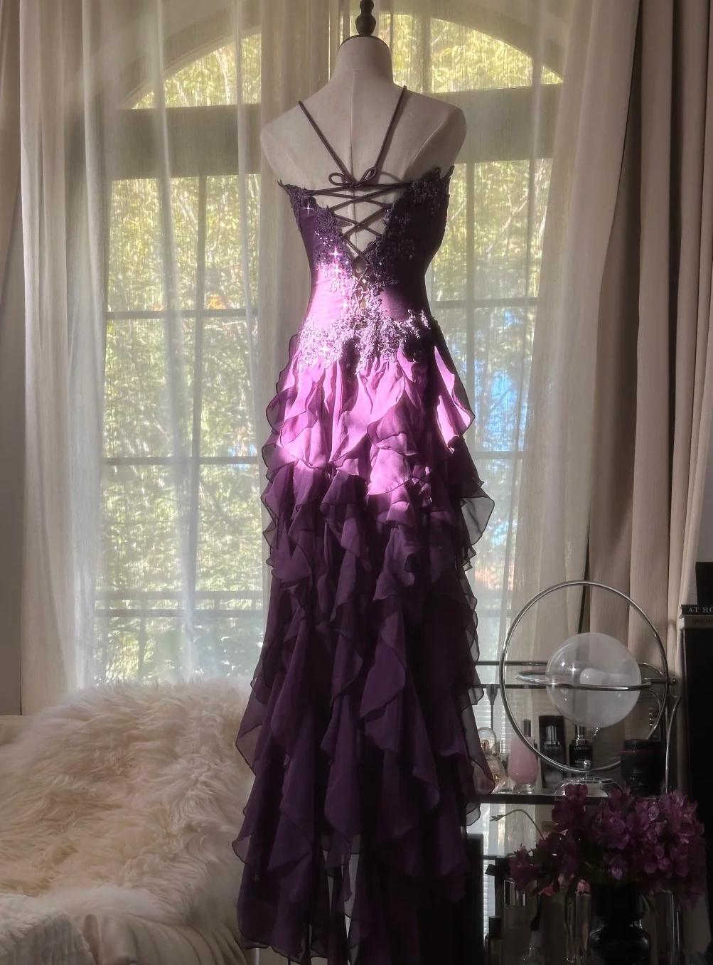 ??Elegant Strapless Chiffon Applique Long Tiered Prom Dresses Backless Party Dresses HZ1024