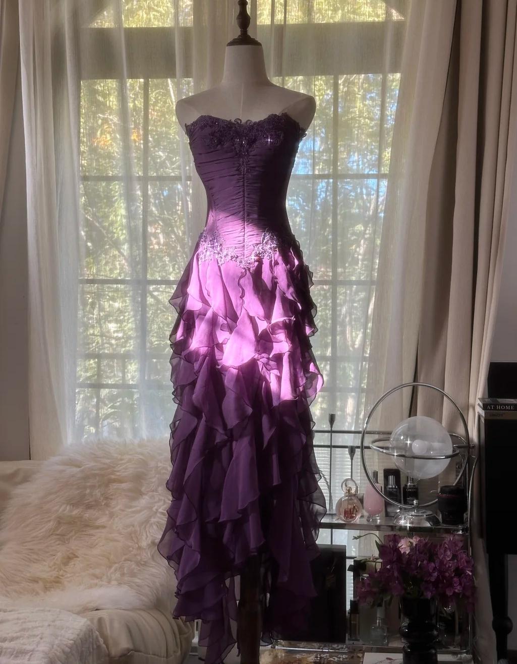 ??Elegant Strapless Chiffon Applique Long Tiered Prom Dresses Backless Party Dresses HZ1024