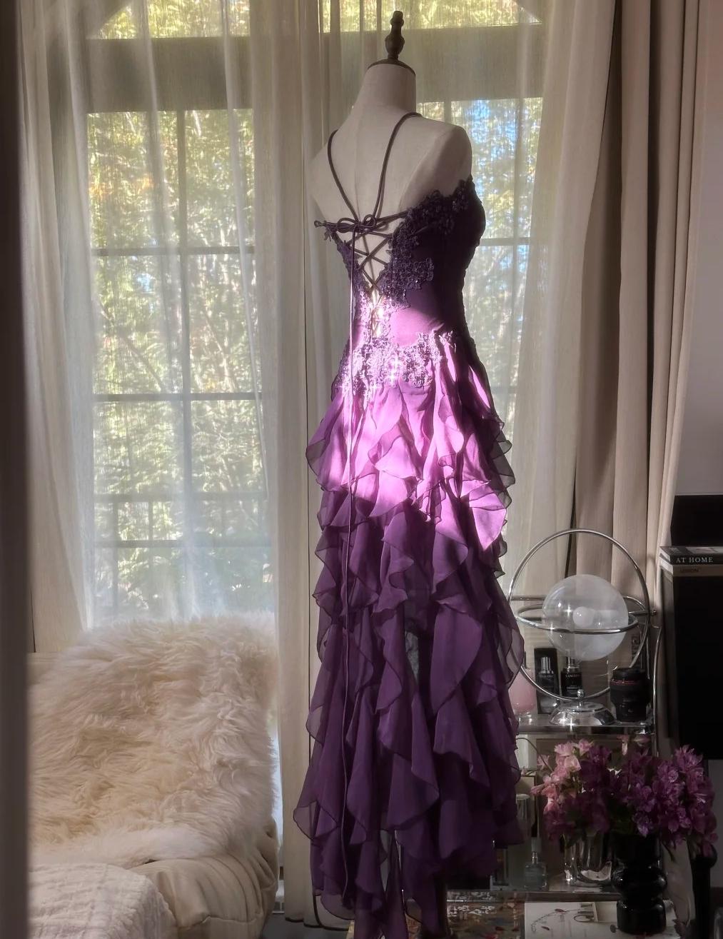 ??Elegant Strapless Chiffon Applique Long Tiered Prom Dresses Backless Party Dresses HZ1024