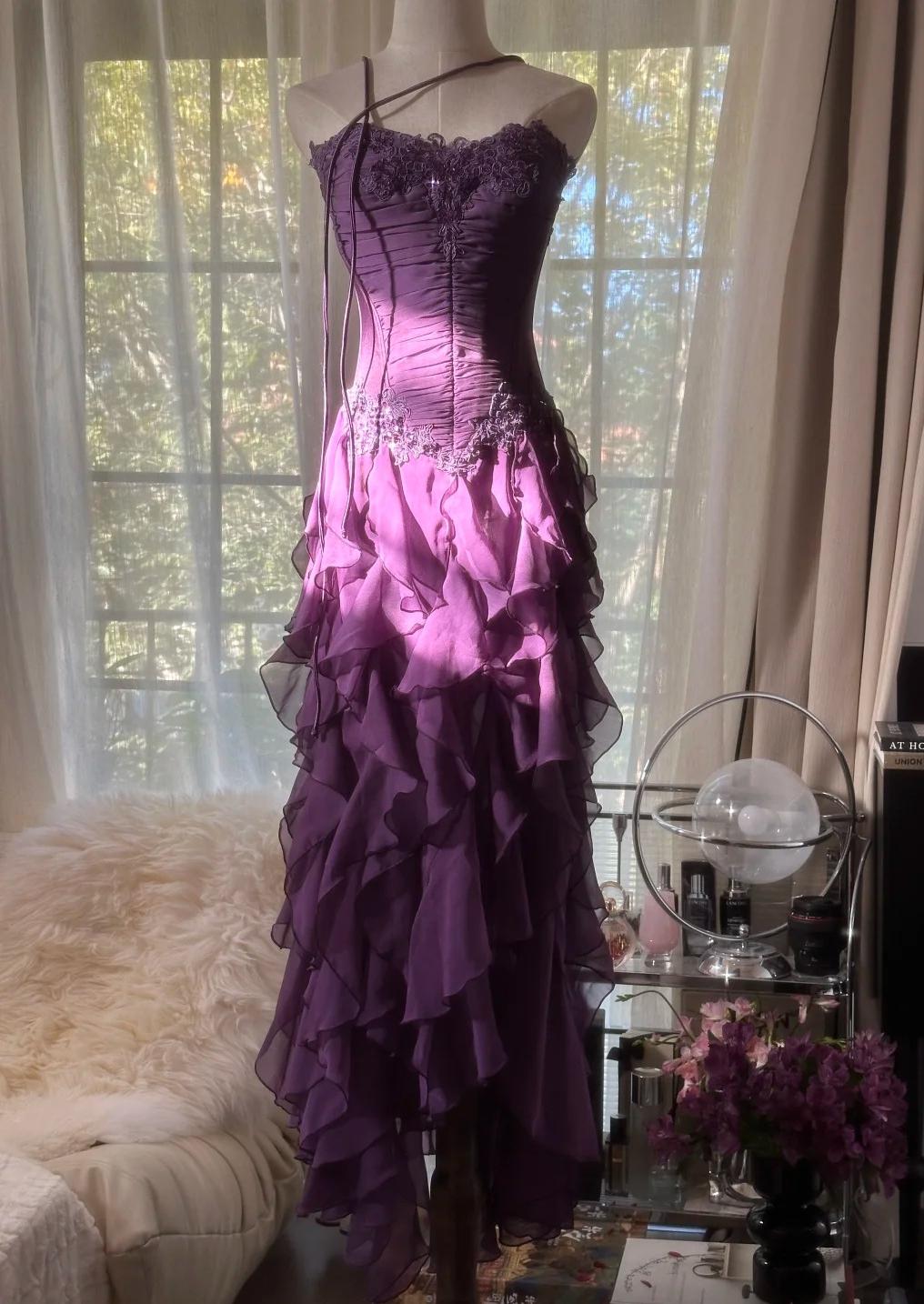 ??Elegant Strapless Chiffon Applique Long Tiered Prom Dresses Backless Party Dresses HZ1024