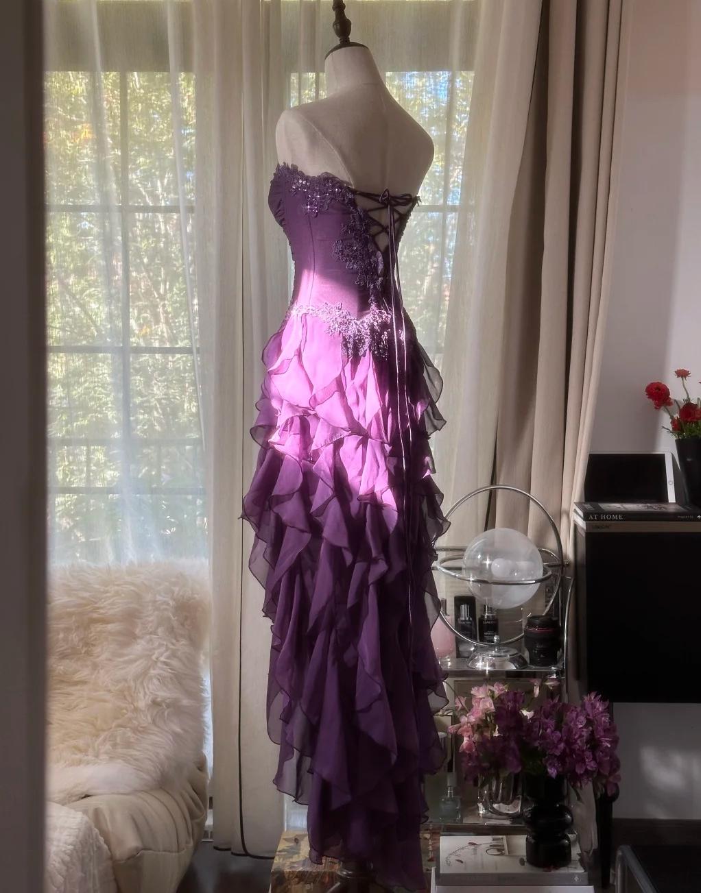 ??Elegant Strapless Chiffon Applique Long Tiered Prom Dresses Backless Party Dresses HZ1024