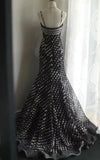Black Spaghetti Strap Chiffon Long Prom Skirt Polka Dot Evening Dress HZ1024