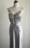 Meimaid Satin Spaghetti Straps Beaded Long Prom Dress Sweetheart Neckline Formal Evening Dress HZ1024