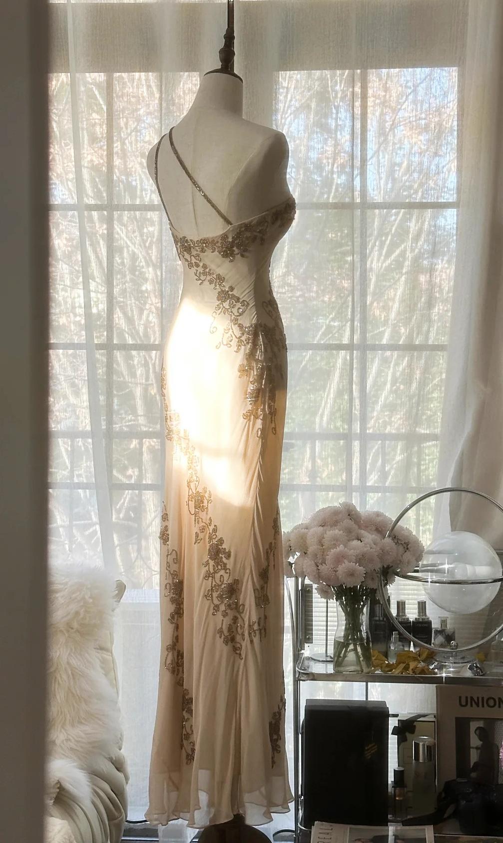Retro Chiffon Sheath Party Dress One Shoulder Beaded Long Prom Dress HZ1024