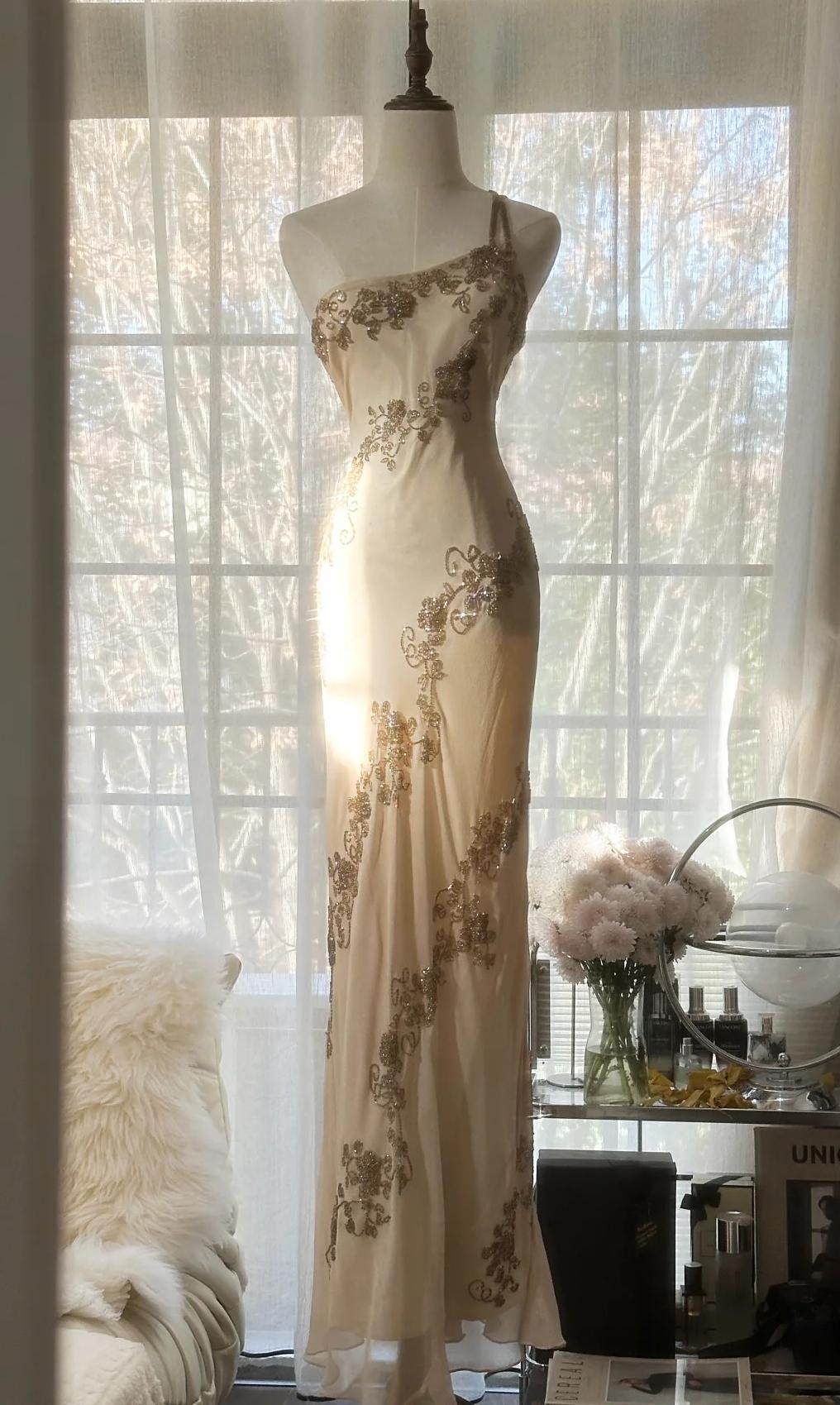 Retro Chiffon Sheath Party Dress One Shoulder Beaded Long Prom Dress HZ1024