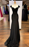 Black Mermaid Gown V Neck Chiffon Lace Prom Dress Evening Dress HZ1024