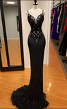 Black Spaghetti Strap Mermaid Satin Prom Dresses Long Prom Dress HZ1024