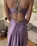 Purple ??Satin Beaded Backless Long Prom Dress for Party&Birthday,Elegant Wedding Guest Outfits HZ1024