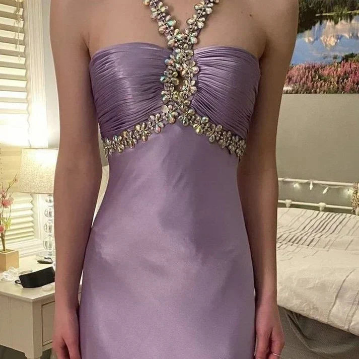Purple ??Satin Beaded Backless Long Prom Dress for Party&Birthday,Elegant Wedding Guest Outfits HZ1024