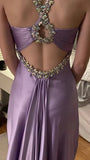 Purple ??Satin Beaded Backless Long Prom Dress for Party&Birthday,Elegant Wedding Guest Outfits HZ1024