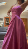 Spaghetti Straps A-Line Fuchsia Beaded Satin Prom Dresses Gorgeous Wedding Guest Dresses with Shawl HZ1024