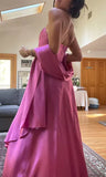 Spaghetti Straps A-Line Fuchsia Beaded Satin Prom Dresses Gorgeous Wedding Guest Dresses with Shawl HZ1024