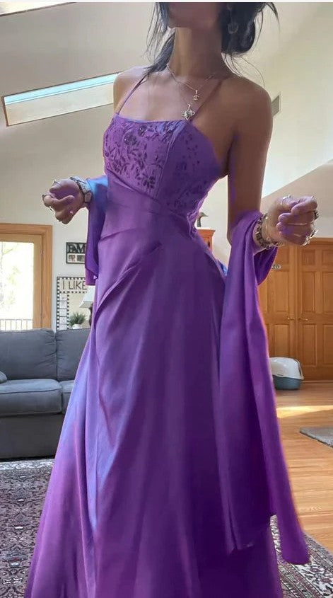 Spaghetti Straps A-Line Fuchsia Beaded Satin Prom Dresses Gorgeous Wedding Guest Dresses with Shawl HZ1024