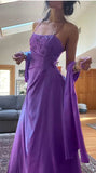 Spaghetti Straps A-Line Fuchsia Beaded Satin Prom Dresses Gorgeous Wedding Guest Dresses with Shawl HZ1024