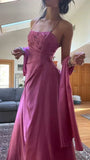 Spaghetti Straps A-Line Fuchsia Beaded Satin Prom Dresses Gorgeous Wedding Guest Dresses with Shawl HZ1024