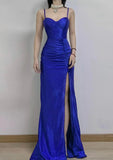 Blue Elegant Spaghetti Straps Slit Long Prom Dress Charming Birthday Party Dress HZ1024