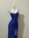Blue Elegant Spaghetti Straps Slit Long Prom Dress Charming Birthday Party Dress HZ1024