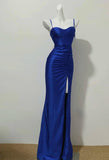 Blue Elegant Spaghetti Straps Slit Long Prom Dress Charming Birthday Party Dress HZ1024