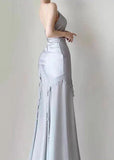 Silver Mermaid Spaghetti Straps Satin Long Prom Dress Beaded Evening Dress HZ1024