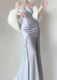 Silver Mermaid Spaghetti Straps Satin Long Prom Dress Beaded Evening Dress HZ1024