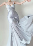 Silver Mermaid Spaghetti Straps Satin Long Prom Dress Beaded Evening Dress HZ1024