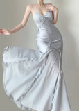 Silver Mermaid Spaghetti Straps Satin Long Prom Dress Beaded Evening Dress HZ1024