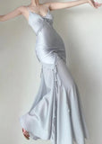 Silver Mermaid Spaghetti Straps Satin Long Prom Dress Beaded Evening Dress HZ1024