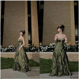 Forest Green A-Line Long Prom Dresses With Silver Beads Sweet Strapless Satin Evening Dresses HZ1024
