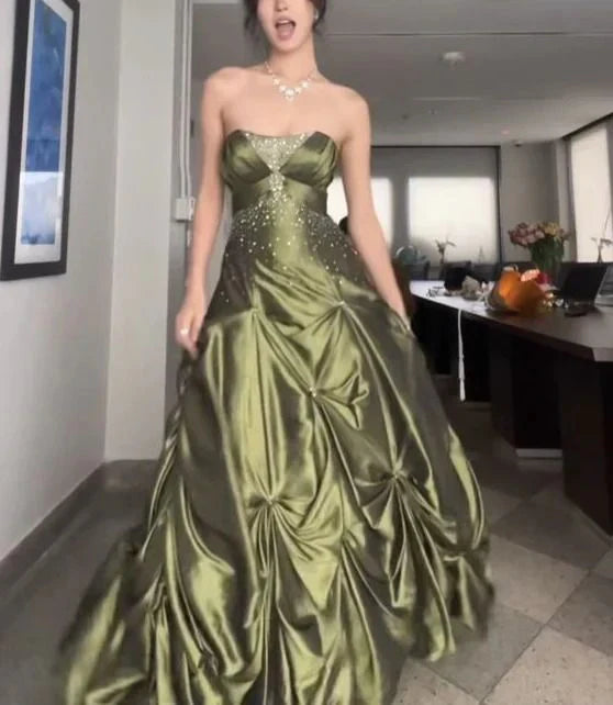 Forest Green A-Line Long Prom Dresses With Silver Beads Sweet Strapless Satin Evening Dresses HZ1024