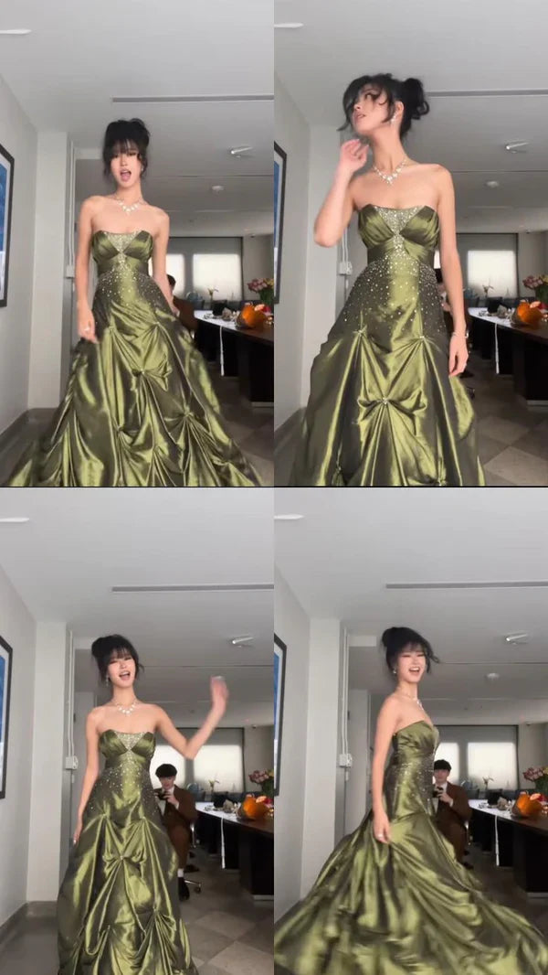 Forest Green A-Line Long Prom Dresses With Silver Beads Sweet Strapless Satin Evening Dresses HZ1024