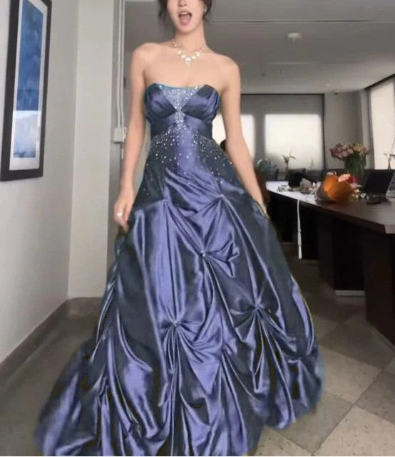 Forest Green A-Line Long Prom Dresses With Silver Beads Sweet Strapless Satin Evening Dresses HZ1024