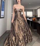 Forest Green A-Line Long Prom Dresses With Silver Beads Sweet Strapless Satin Evening Dresses HZ1024