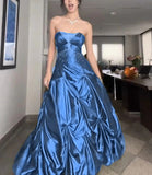 Forest Green A-Line Long Prom Dresses With Silver Beads Sweet Strapless Satin Evening Dresses HZ1024