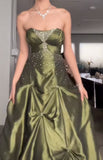 Forest Green A-Line Long Prom Dresses With Silver Beads Sweet Strapless Satin Evening Dresses HZ1024