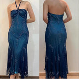 Blue Chiffon Long Prom Dresses Elegant Beaded Party Dresses HZ1024